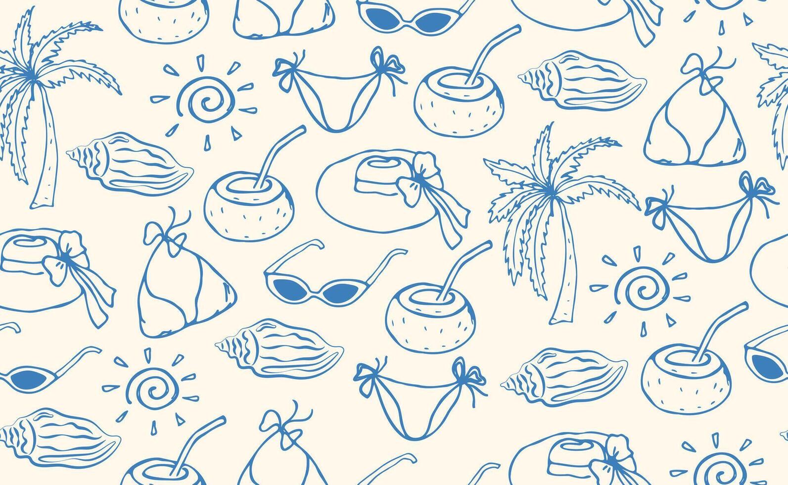 Hand drawn Italian Mediterranean seafood seamless pattern. Italy summer print, background with shell, fruits, bikini, palm, hat. Coast sea blue elements for Italy menu, wedding, sketch. illustr vector
