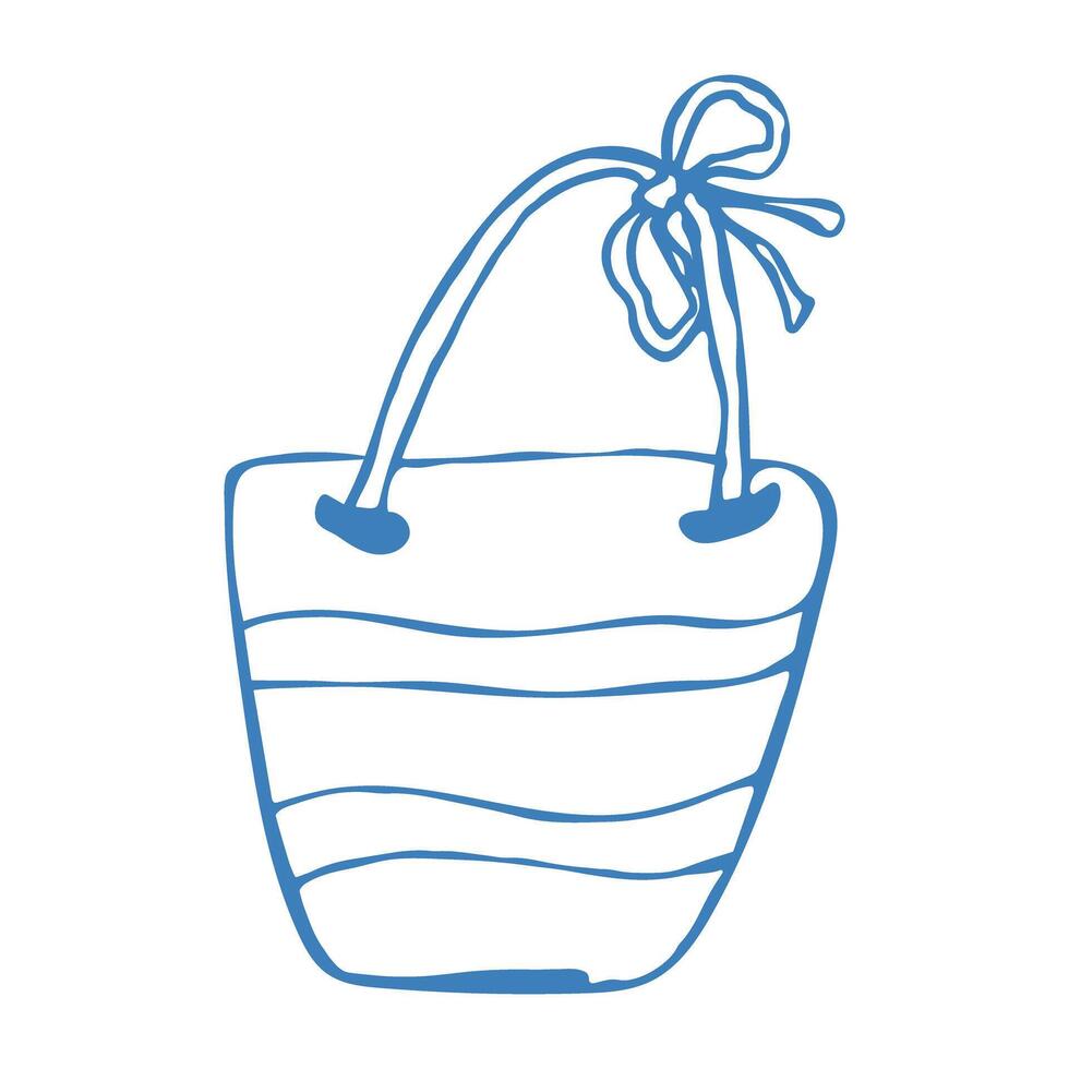 Hand drawn blue beach bag in doodle style. Mediterranean summer icon, element for italian print, invitation. Ink sketch design of summer beach. Flat tropical minimalist isolated illustration. vector
