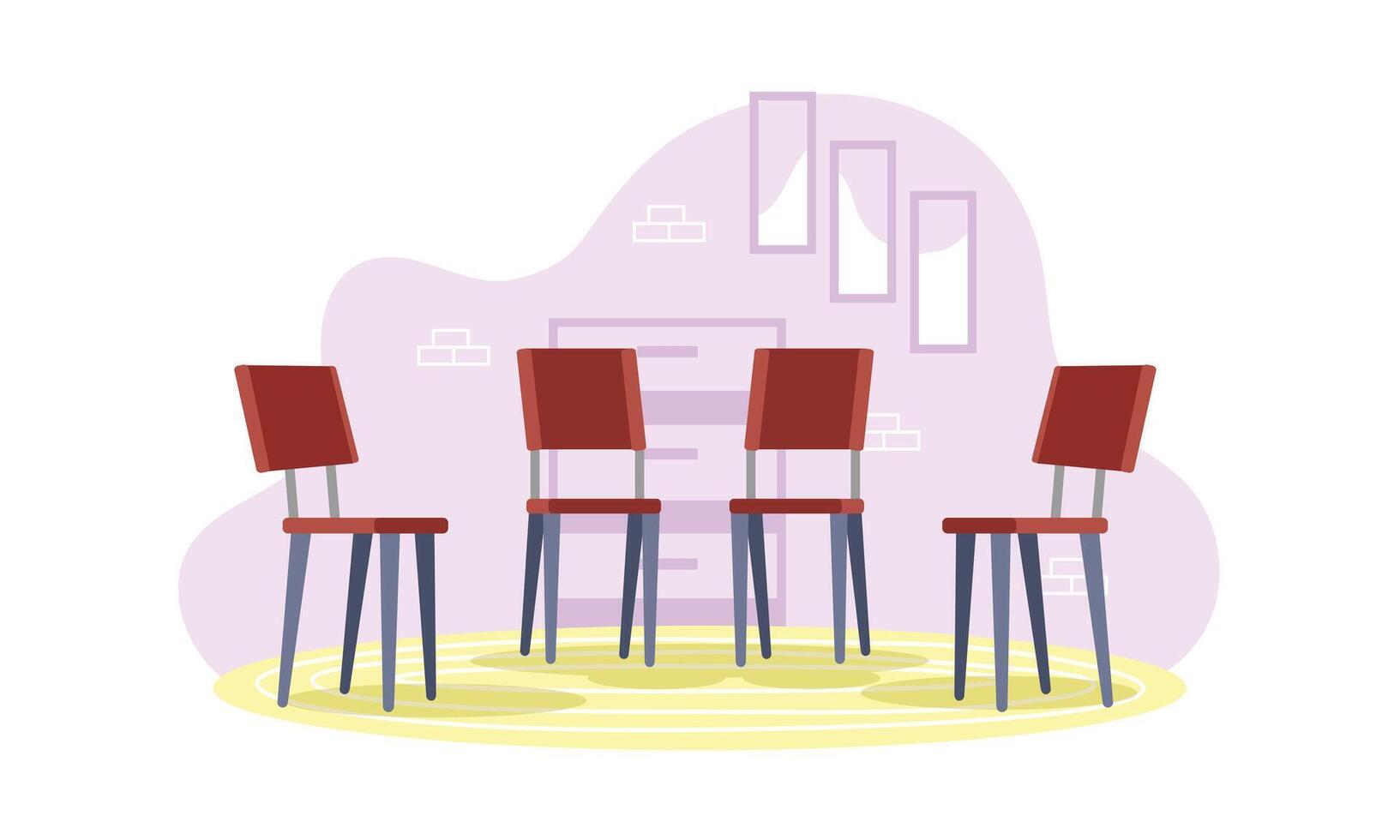 Empty room, corridor, hallway with four chairs and a interior colorful background on the wall. Flat colorful illustration vector