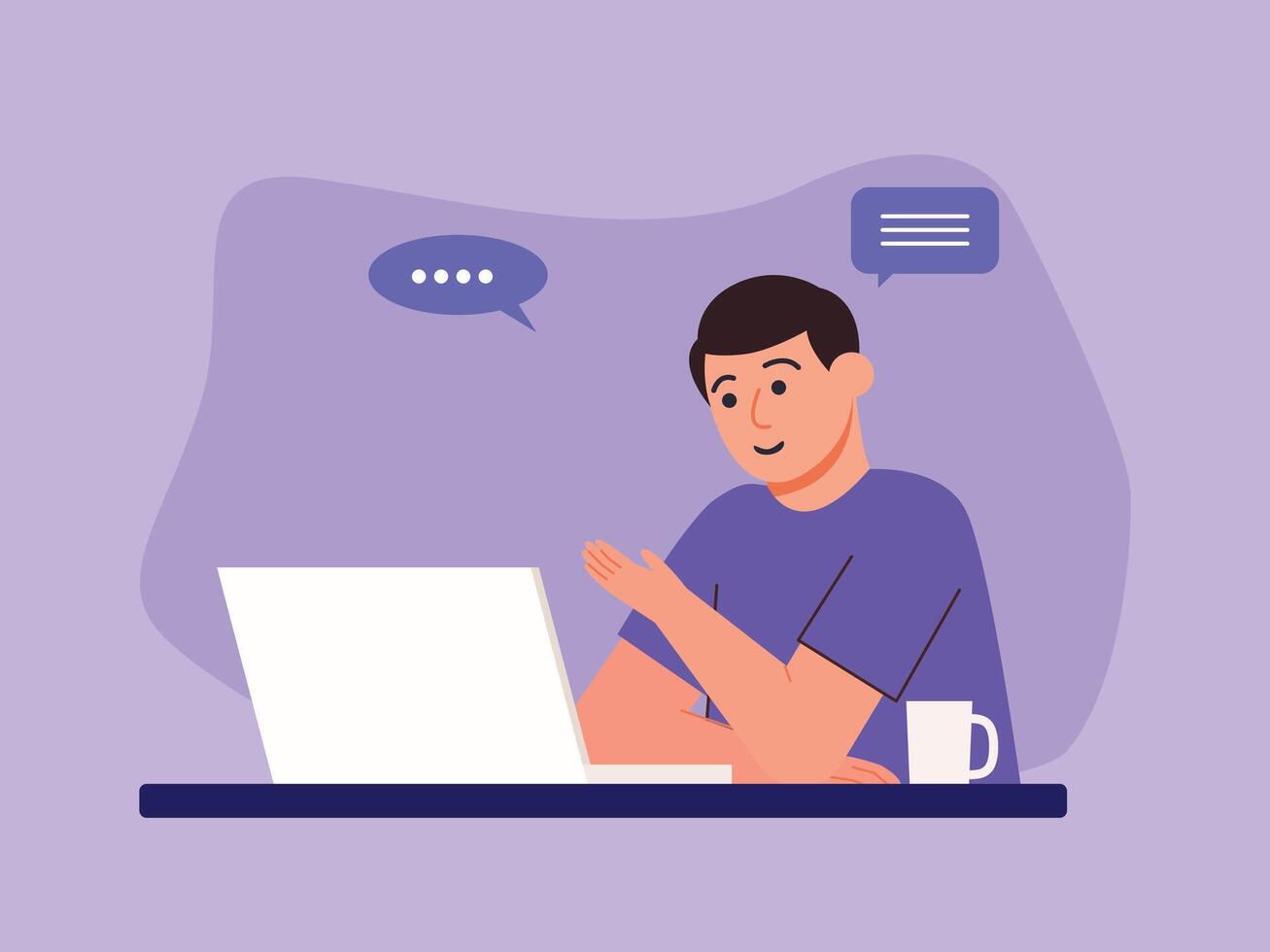 Online interview, meeting discussion or teaching, job interview or employment, talk or chat, conference call, businessman talking on computer laptop online interview. vector