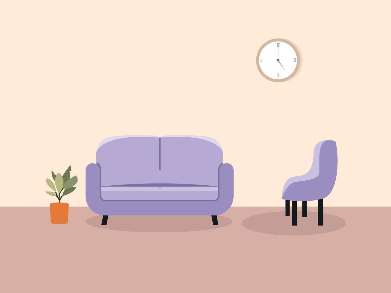 Purple sofa with Interior of the living room banner Design With clock, plants Part of the living room illustration vector