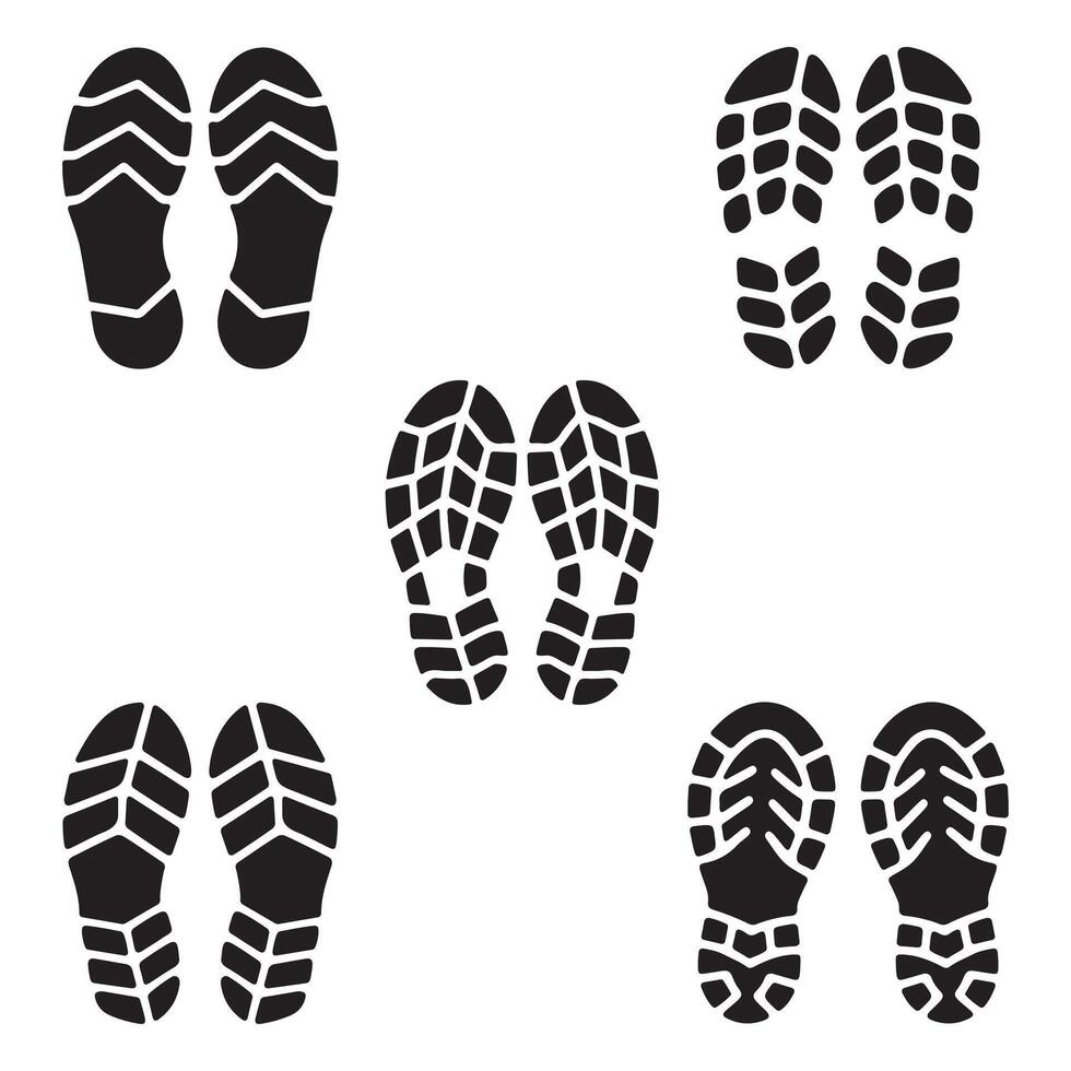 Shoe Print Icon Set. Footprint Silhouettes and Boot on a white background vector