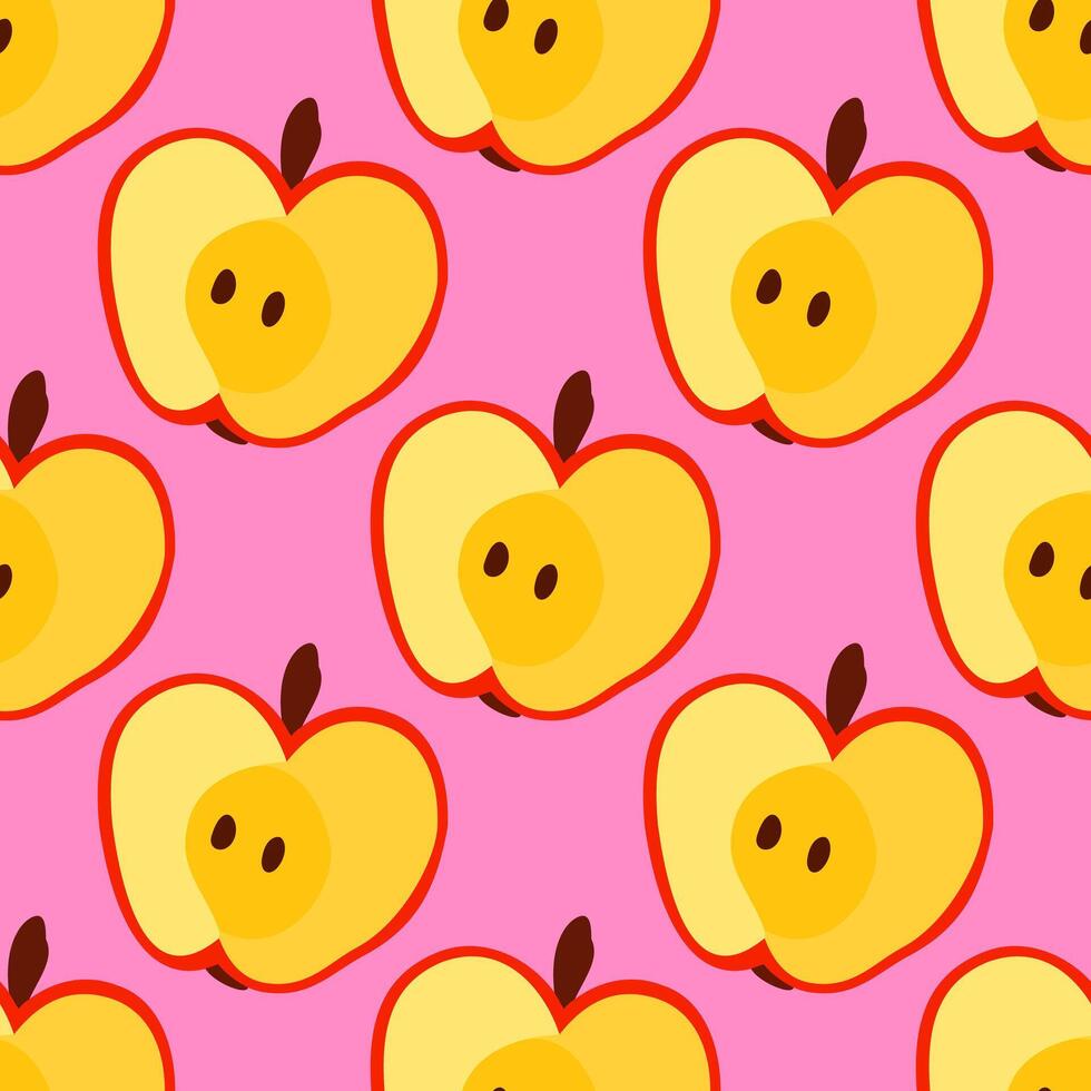 Simple bright seamless pattern with apple halves on pink background vector