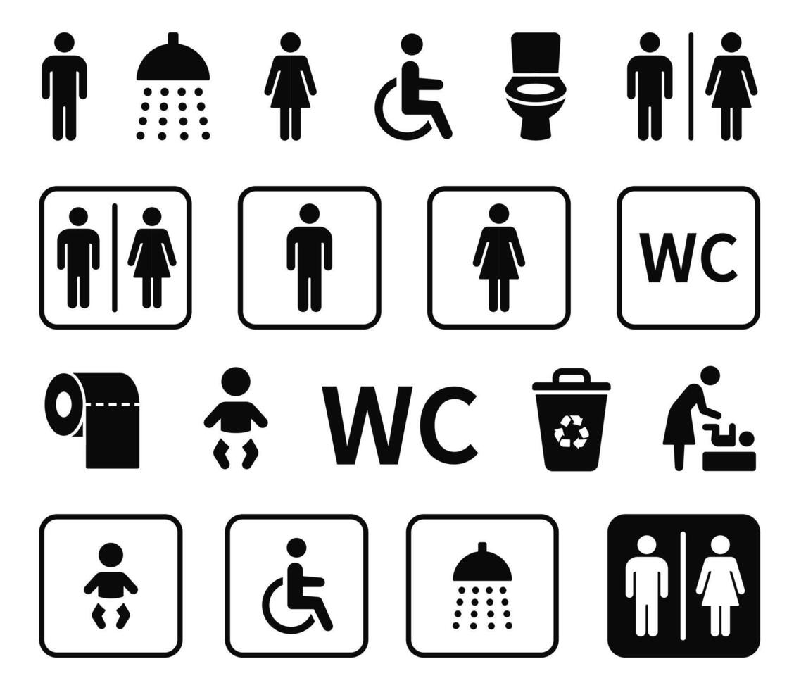 WC icon set. Toilet, restroom, man and woman, bathroom, disabled, dumpster, toilet paper, infant - stock . vector