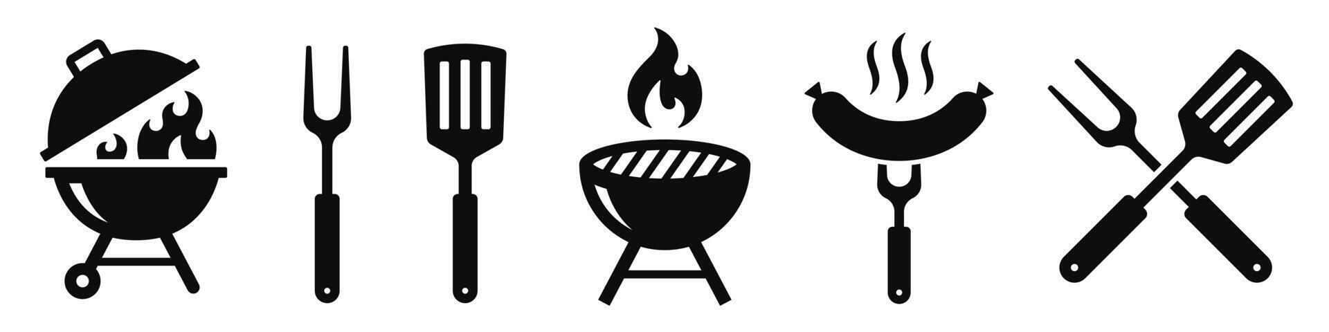 BBQ grill icon set. Barbecue, bar-b-q, spatula, grill fork, picnic, fire - stock . vector