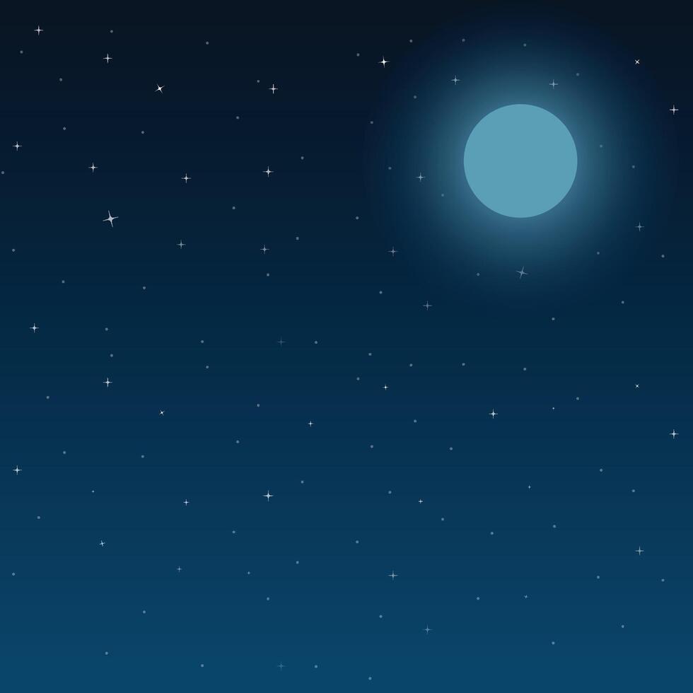 Dark night sky cartoon background with full moon and stars illustration vector