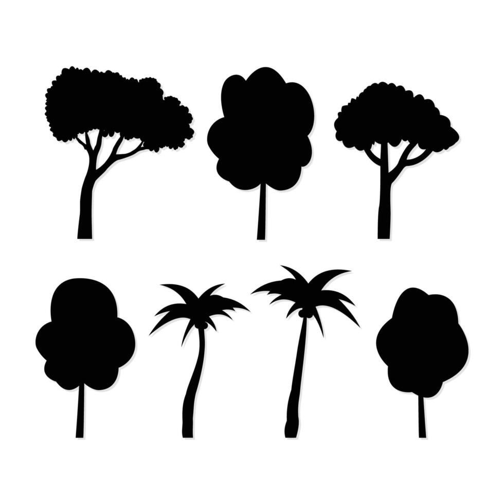 Silhouette unique trees, set of night trees isolated on a white background illustration vector