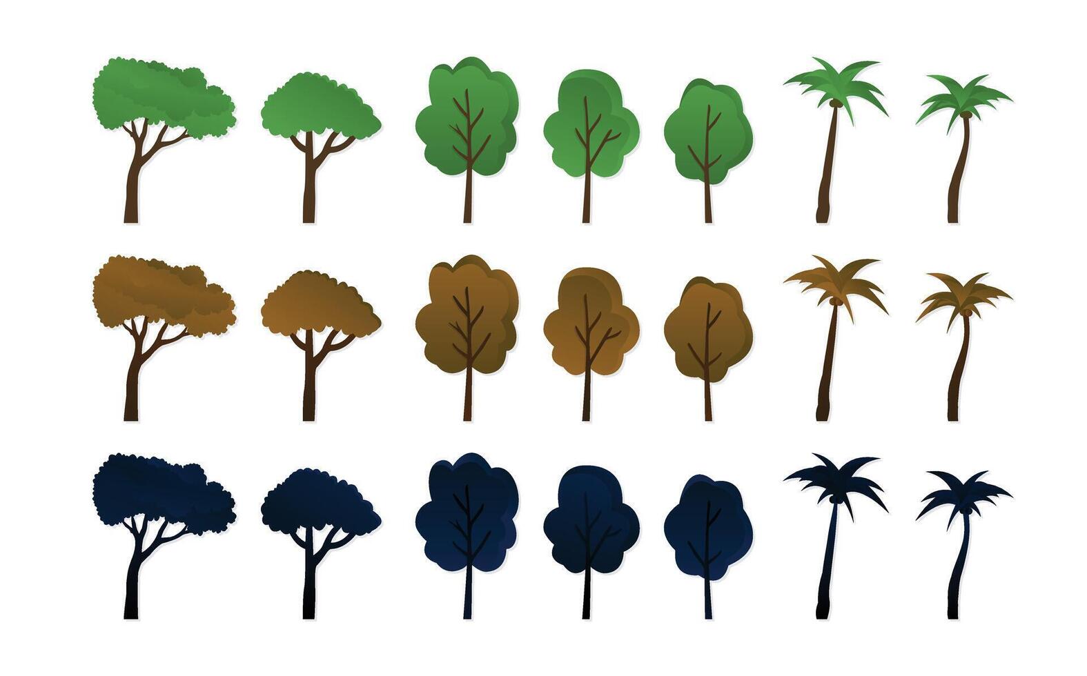 Day, morning and night unique trees, set of cartoon trees isolated on a white background illustration vector