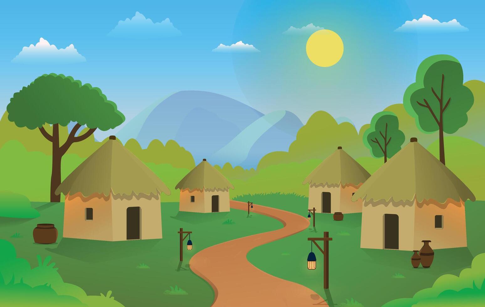 village landscape with huts and trees vector