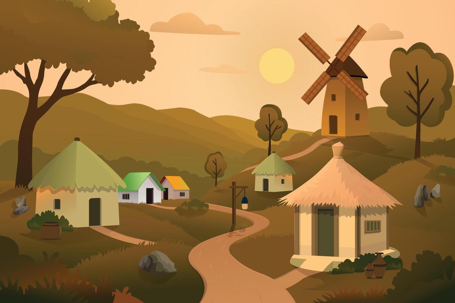 Countryside with cottages and windmill vector