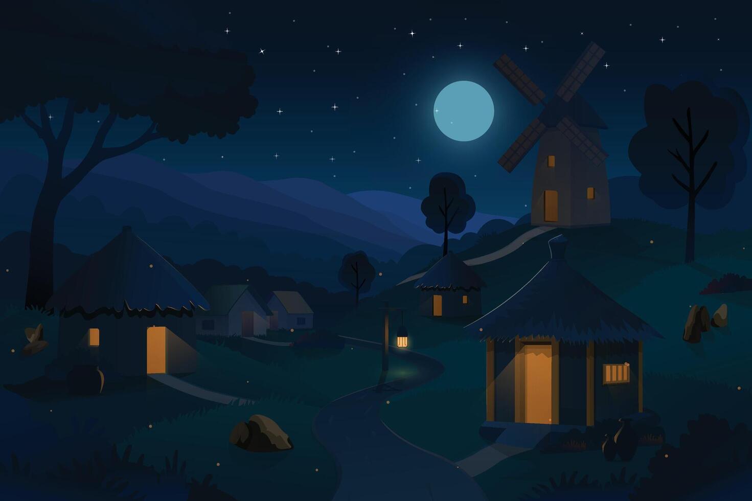 Night village landscape with moonlight vector