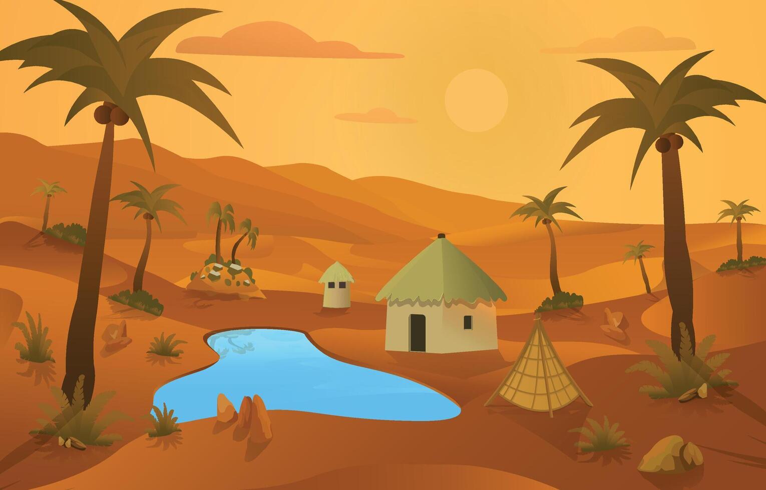 desert oasis with huts and palm trees vector