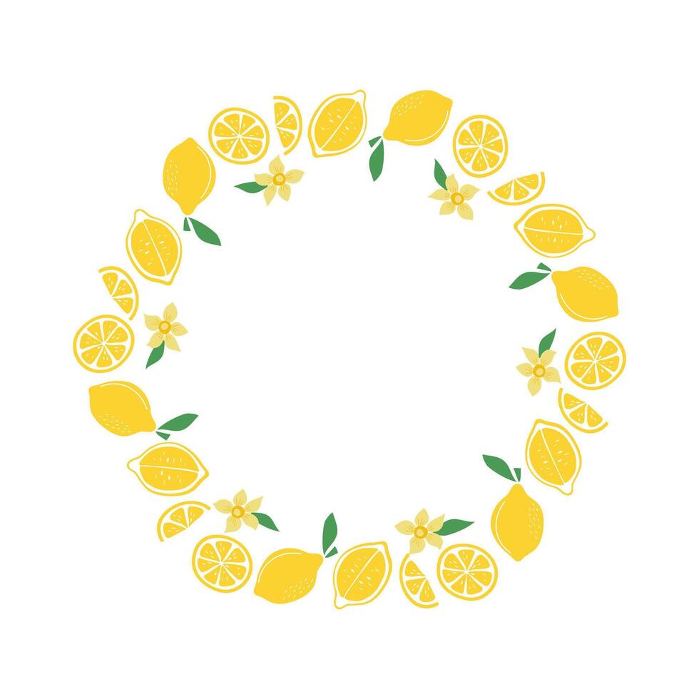 Banner, round frame of lemons, whole and halves of fruits, flowers, leaves. Natural food, citrus. Summer, natural background. Background with place for text, illustration vector