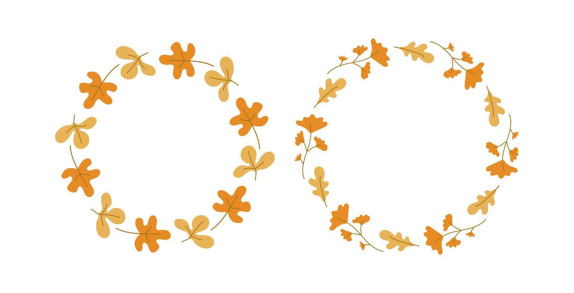 Border, round frame, set. Autumn leaves, flowers and branches. Nature, autumn season. Harvest festival. Autumn background for banner design, postcard, invitation. vector