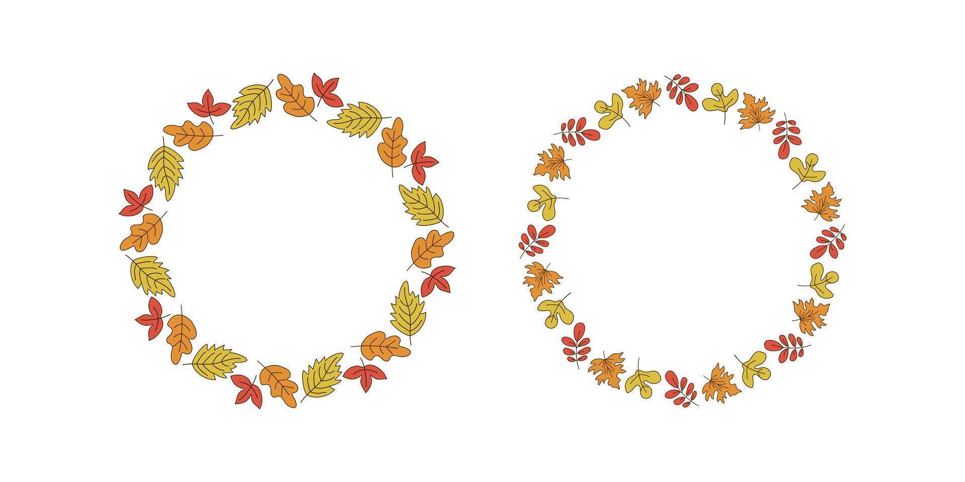 Frame round set, banner autumn. Oak leaves, rowan leaf, maple leaf, wreath, leaf fall. Hand drawn, doodle, drawing. Natural botanical background, postcard design, harvest festival. vector