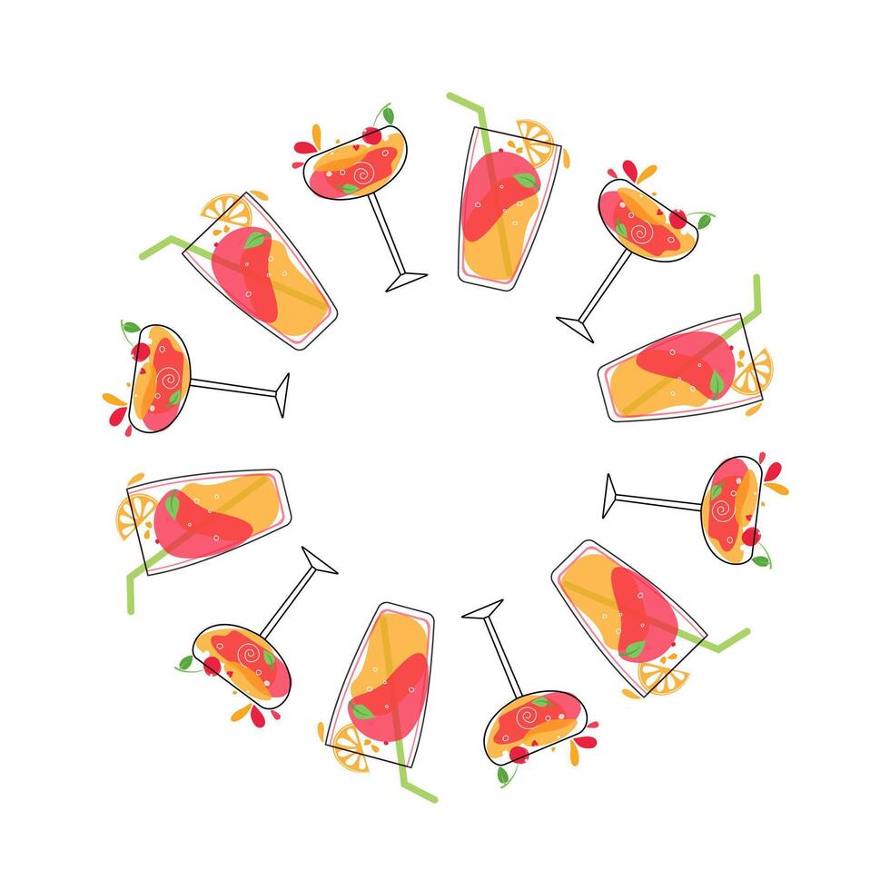 Frame, banner, fruit cocktails. Multicolored drinks in wine glasses. Mixed cold drinks. Alcohol, lemonade. Flat icons, white isolated background with place for text. vector
