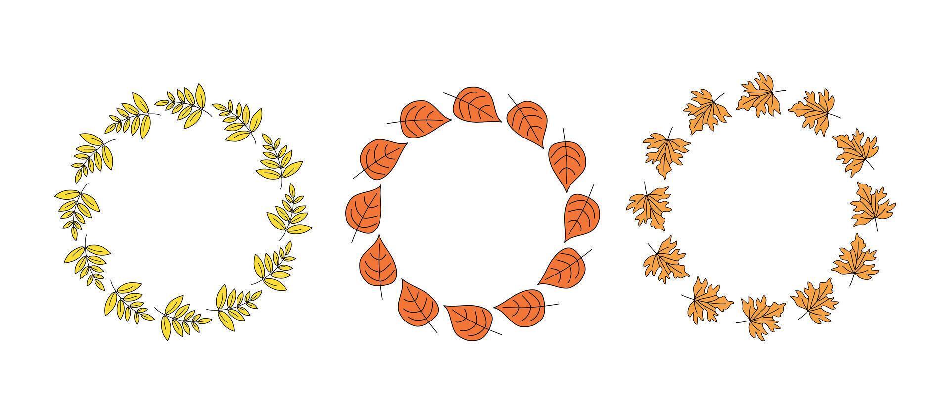 Frame round set, banner autumn. Abstract autumn leaves, wreath, leaf fall. Hello autumn, inscription. Hand lettering, doodle, drawings. Natural botanical background. vector