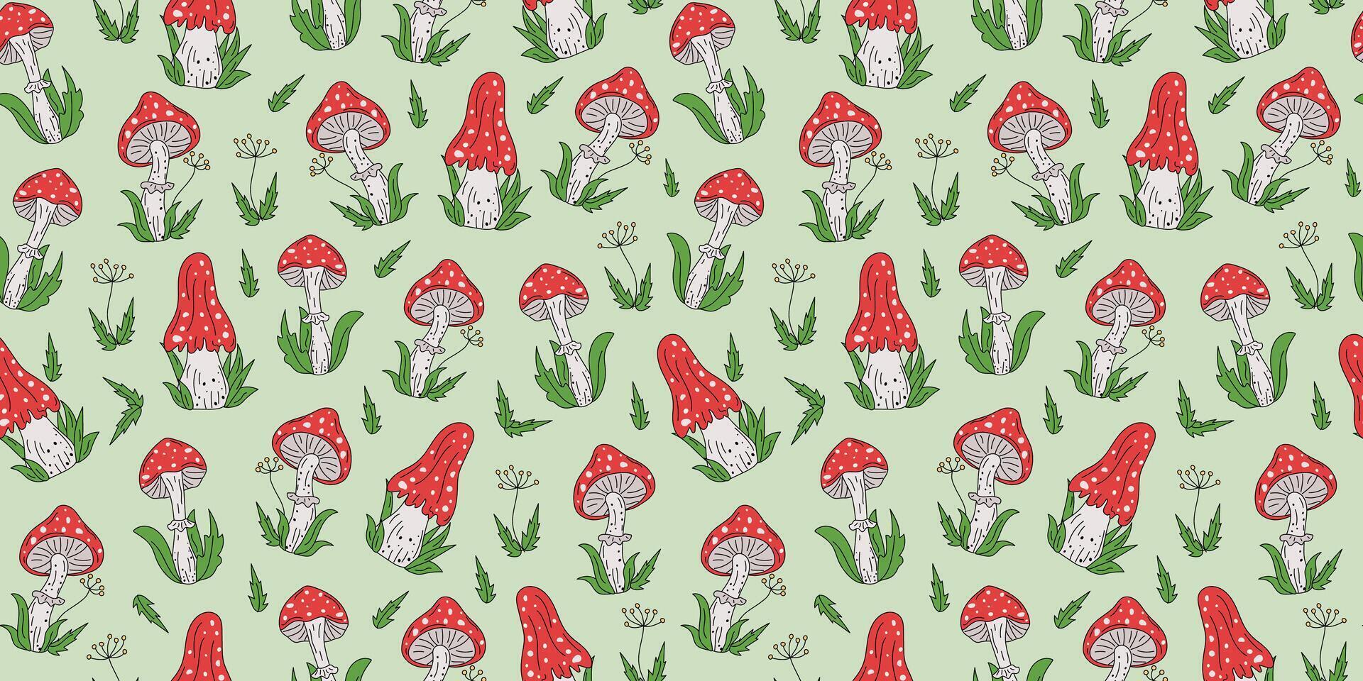 Colorful mushroom pattern on green background vector