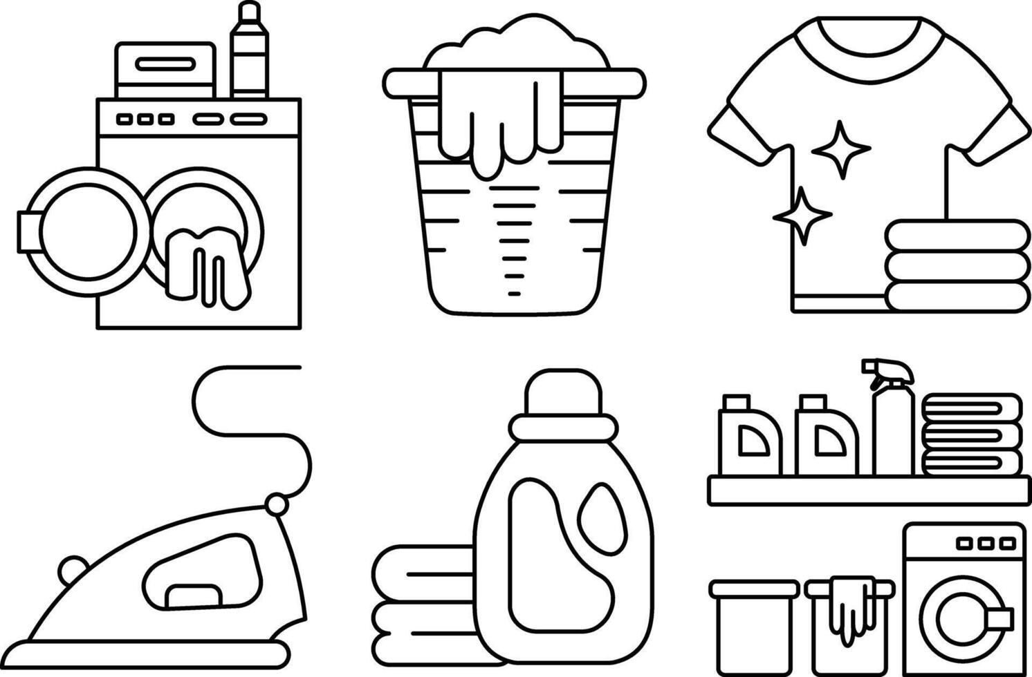 Laundry line icon set featuring washing machine, detergent, iron, basket, clothes, and cleaning tools. Editable stroke. vector