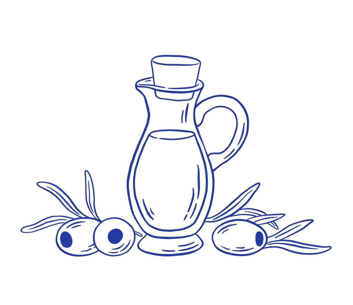 Hand draw olive oil in glass jar with fresh olives and leaves illustration. vector