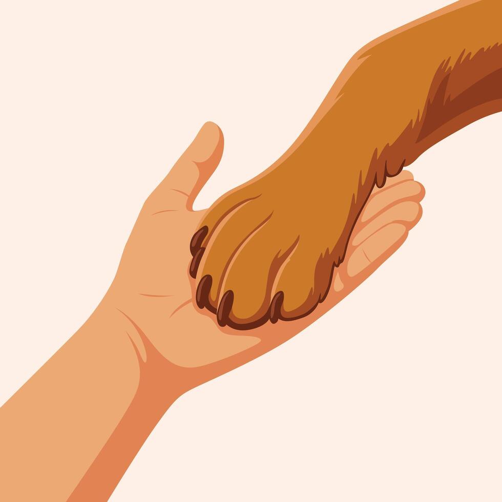 Brown Dog Paw and Human Hand Gentle Touch Friendship National Dog Day Illustration touching vector