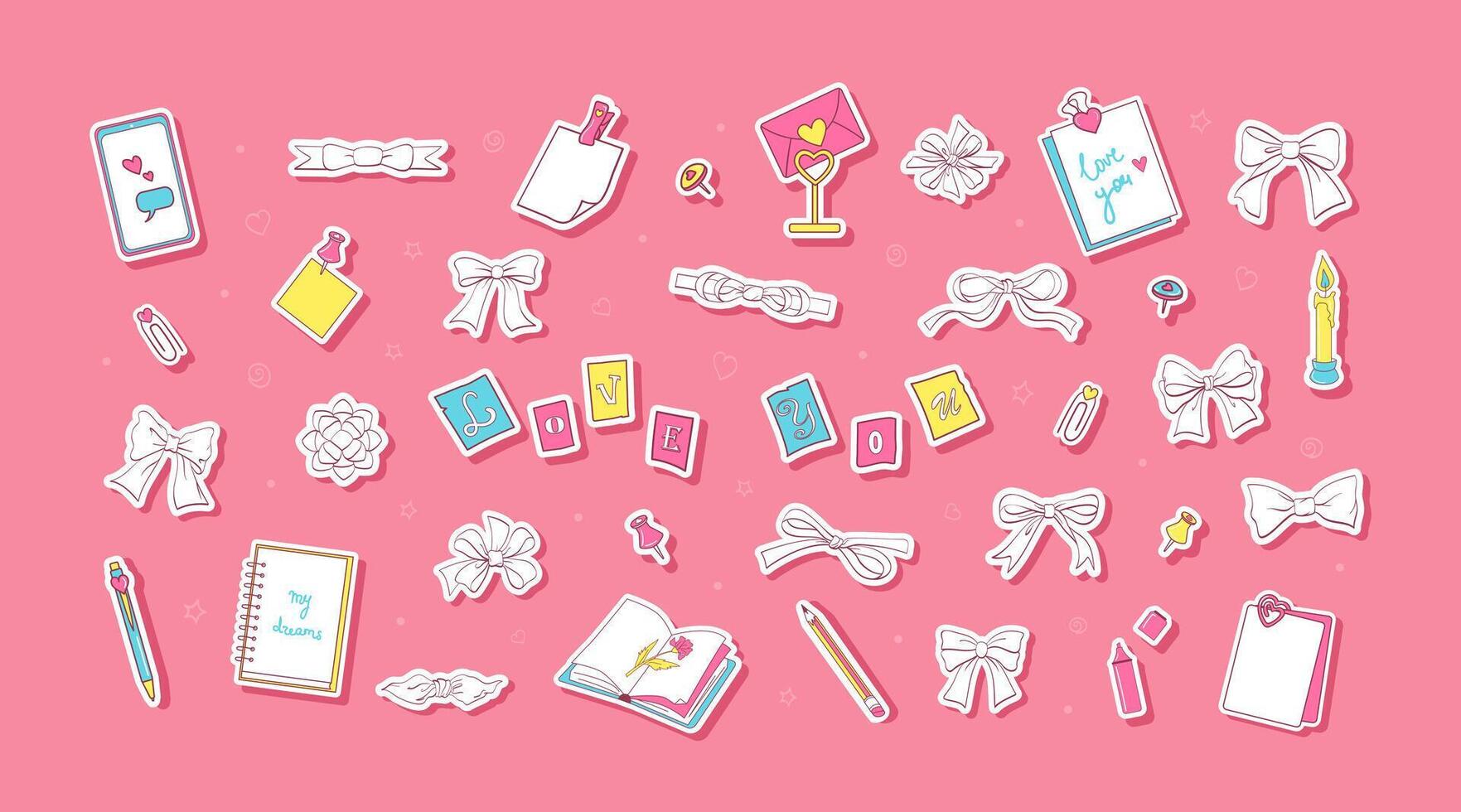 Secret love notes and bows, diary stickers vector