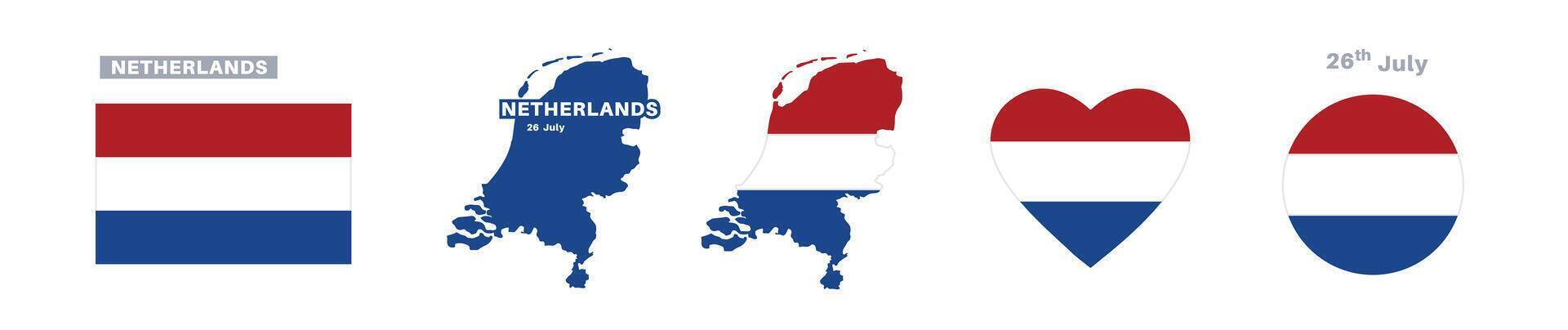 netherlands flag and map set. netherlands flag in official colors and proportions. independence day 26 july, map, circle and heart shaped netherlands vector