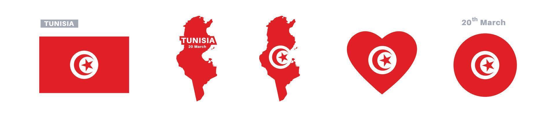 tunisia flag and map set. tunisia flag in official colors and proportions. independence day 20 march, map, circle and heart shaped tunisia vector
