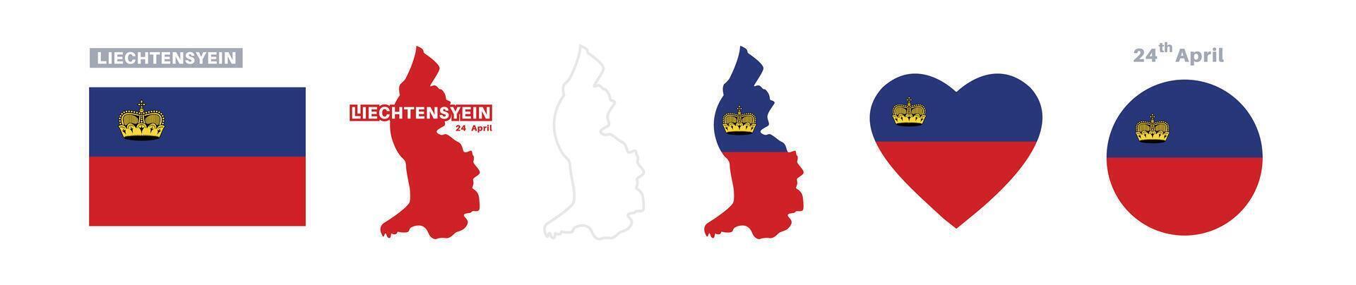 liechtensyein flag and map set. liechtensyein flag in official colors and proportions. independence day 24 april, map, circle and heart shaped liechtensyein vector