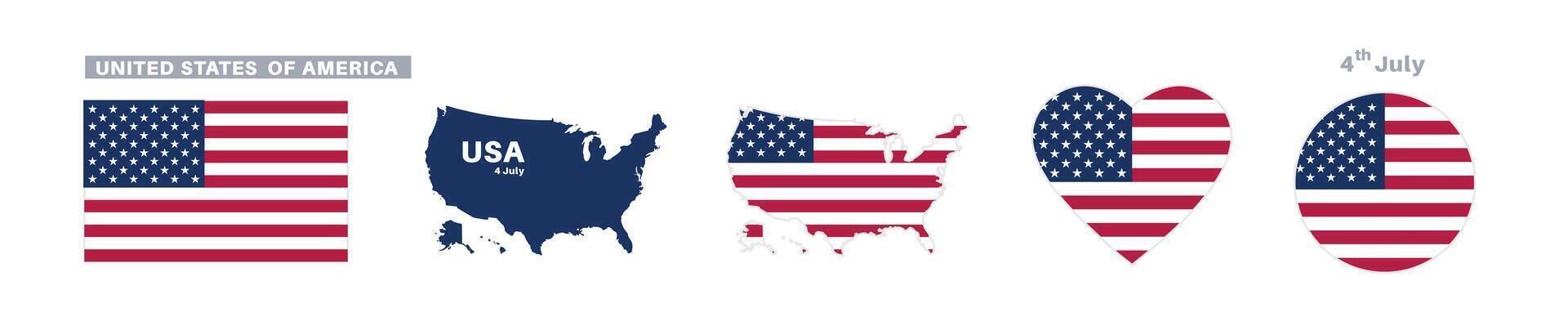 United states of america flag and map set. USA flag in official colors and proportions. independence day 4 july, map, circle and heart shaped america vector
