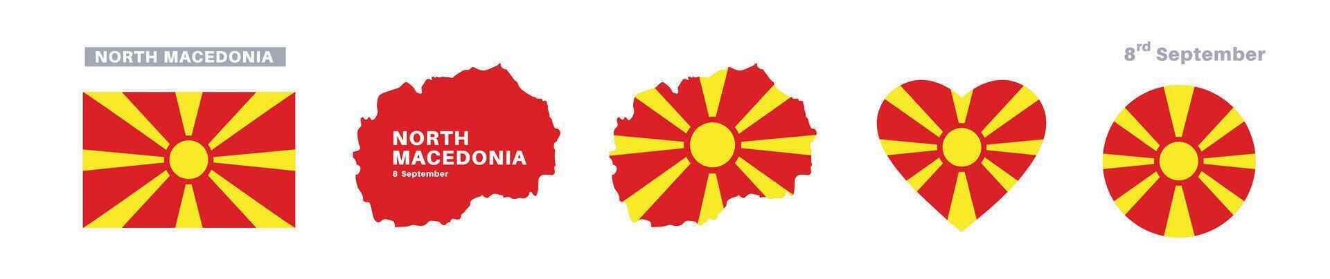 north macedonia flag and map set. north macedonia flag in official colors and proportions. independence day 8 september , map, circle and heart shaped north macedonia vector