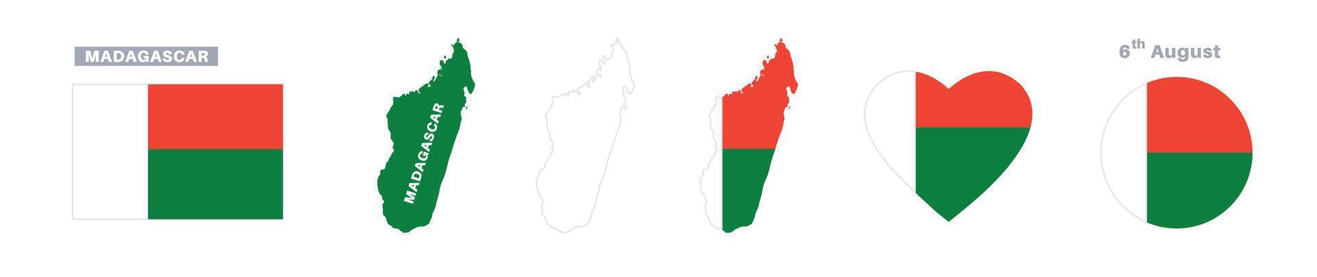 madagascar flag and map set. madagascar flag in official colors and proportions. independence day 6 august , map, circle and heart shaped madagascar vector