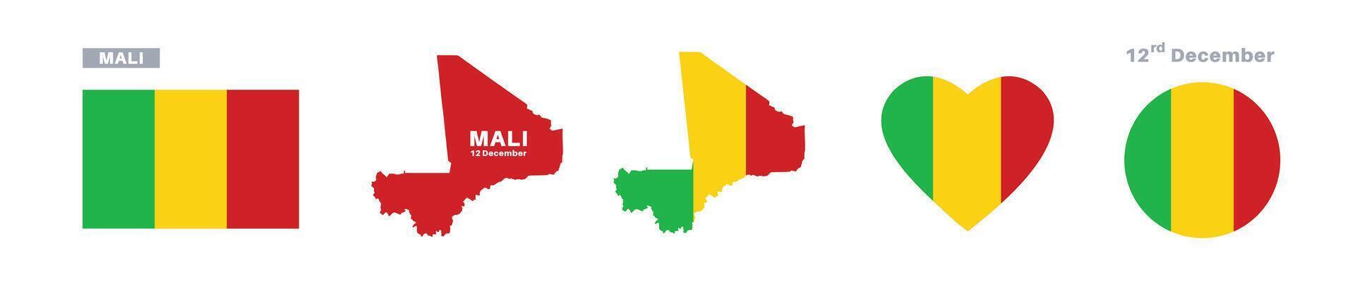 mali flag and map set. mali flag in official colors and proportions. independence day 12 december , map, circle and heart shaped mali vector