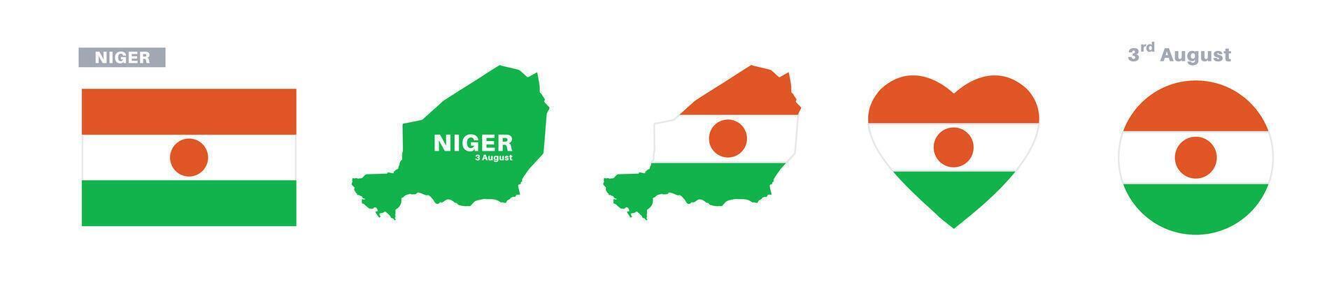 niger flag and map set. niger flag in official colors and proportions. independence day 3 august, map, circle and heart shaped niger vector