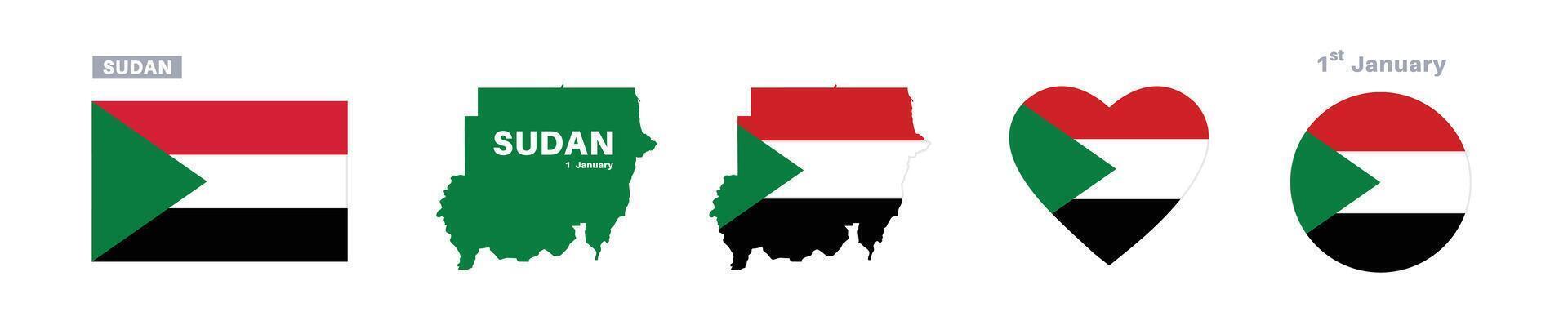 sudan flag and map set. sudan flag in official colors and proportions. independence day 1 january , map, circle and heart shaped sudan vector