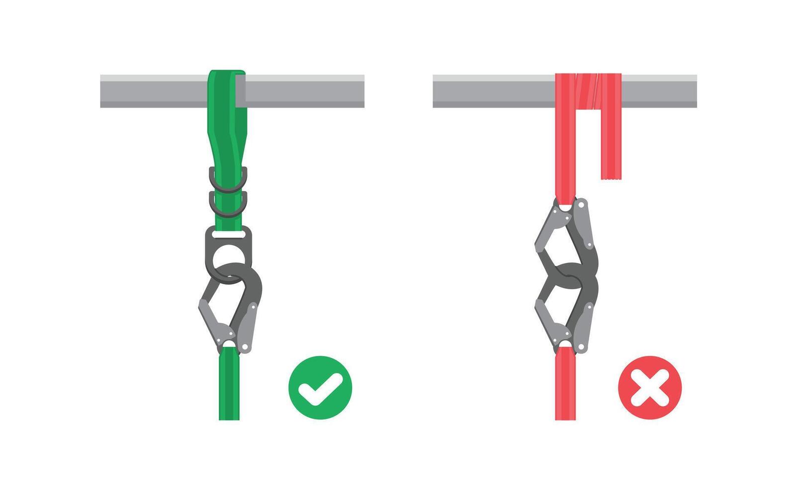 illustration of work safety dos and don'ts. improper installation of seat belts. comparison of safe and unsafe conditions. use of additional safety ropes vector