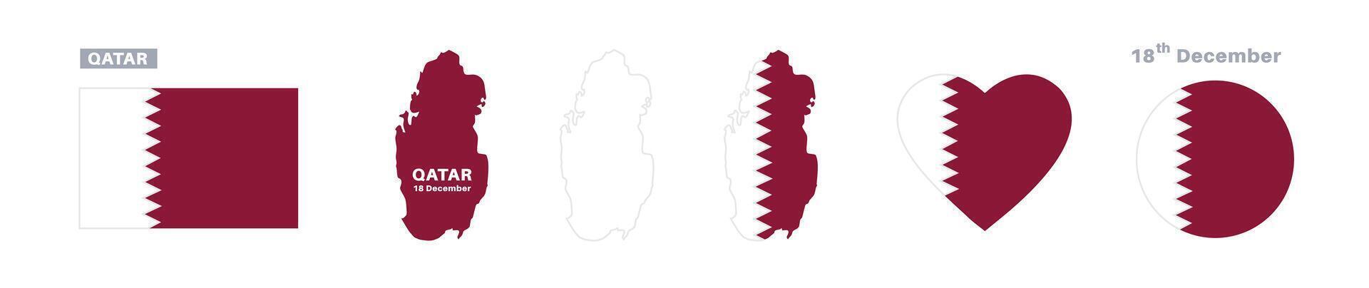 qatar flag and map set. qatar flag in official colors and proportions. independence day 18 december, map, circle and heart shaped qatar vector