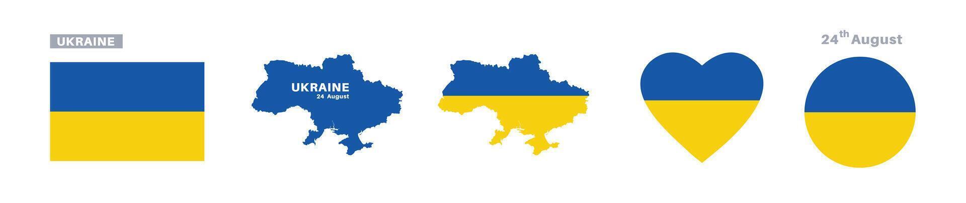 ukraine flag and map set. ukraine flag in official colors and proportions. independence day 24 august, map, circle and heart shaped ukraine vector