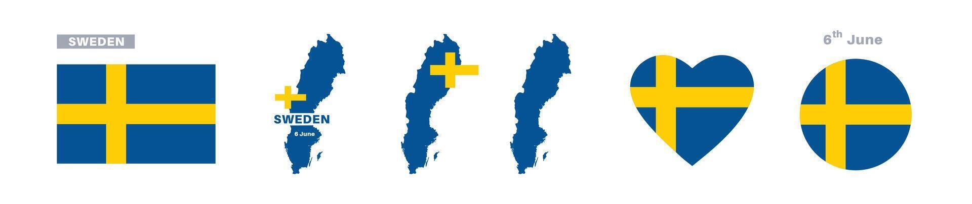 sweden flag and map set. sweden flag in official colors and proportions. independence day 6 june, map, circle and heart shaped sweden vector
