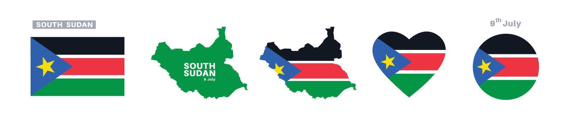 south sudan flag and map set. south sudanflag in official colors and proportions. independence day 9 july, map, circle and heart shaped south sudan vector