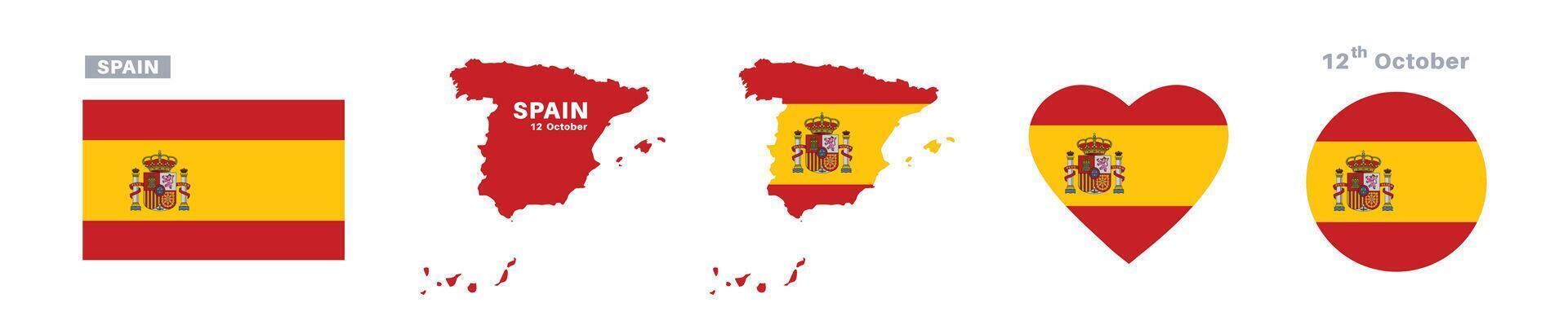 spain flag and map set. spain flag in official colors and proportions. independence day 12 october, map, circle and heart shaped spain vector