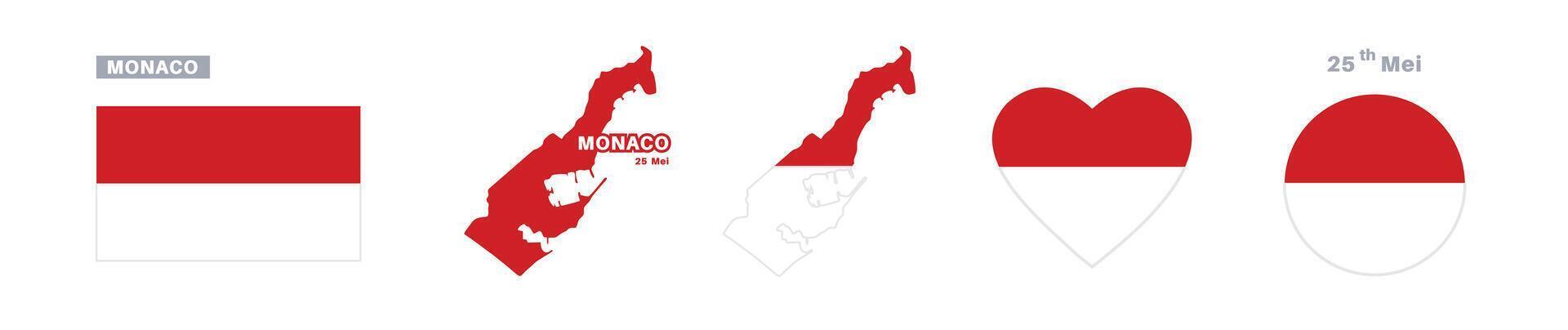 monaco flag and map set. monaco flag in official colors and proportions. independence day 25 mei , map, circle and heart shaped monaco vector
