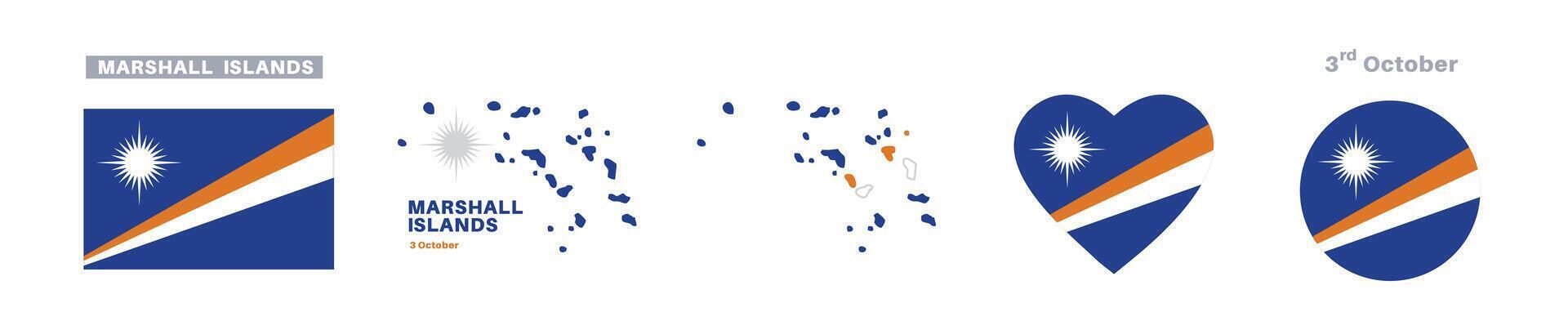 marshall island flag and map set. marshall island flag in official colors and proportions. independence day 3 october , map, circle and heart shaped marshall island vector