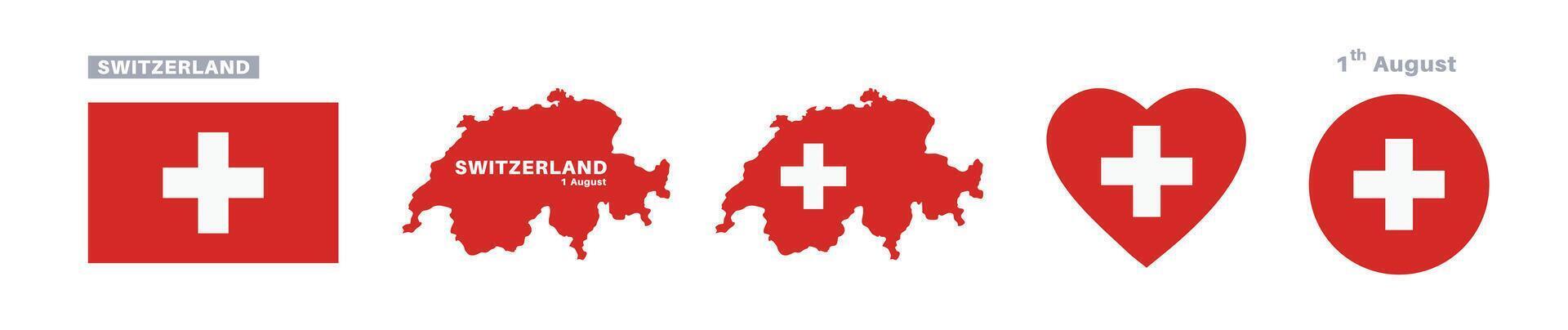 switzerland flag and map set. switzerland flag in official colors and proportions. independence day 1 august, map, circle and heart shaped switzerland vector