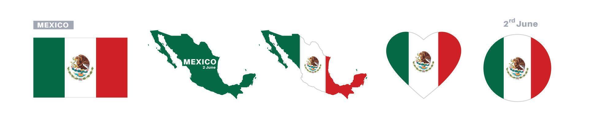 mexico flag and map set. mexico flag in official colors and proportions. independence day 2 june, map, circle and heart shaped mexico vector