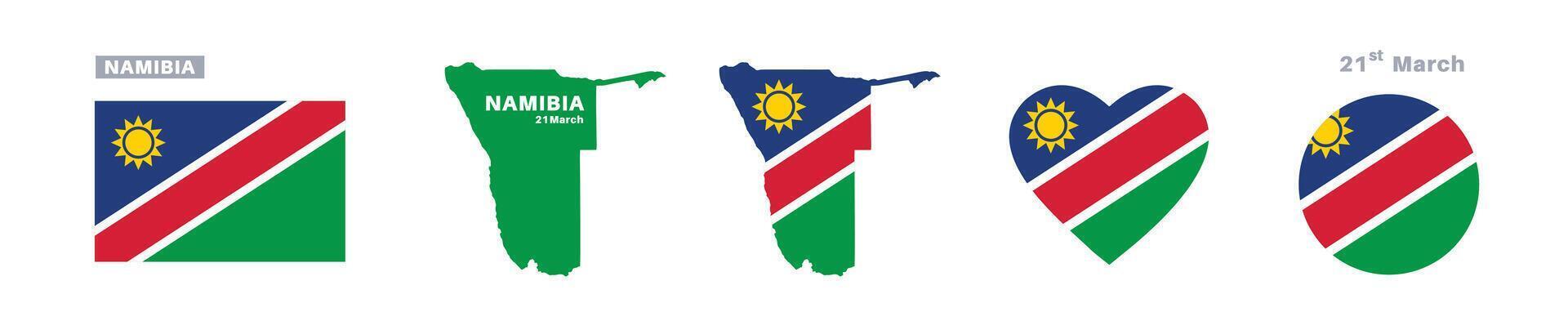 Namibia flag and map set. Namibia flag in official colors and proportions. independence day 21 march , map, circle and heart shaped Namibia vector