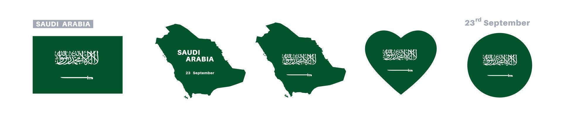 saudi arabia flag and map set. saudi arabia flag in official colors and proportions. independence day 23 september, map, circle and heart shaped saudi arabia vector
