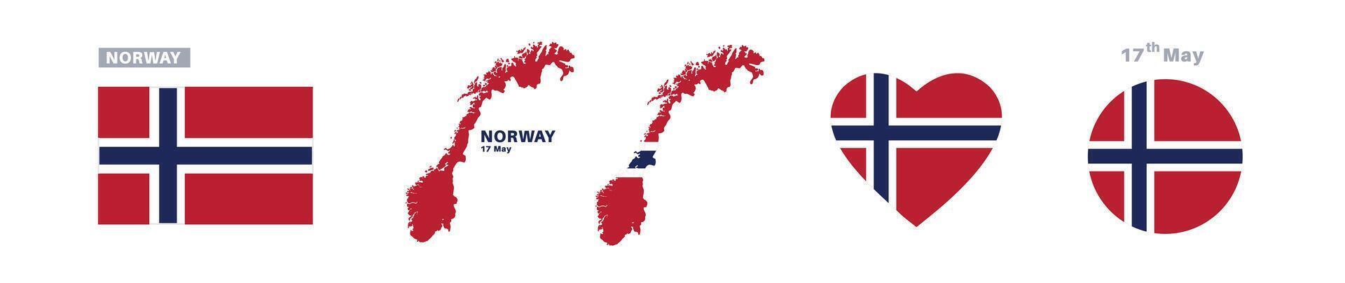 norway flag and map set. norway flag in official colors and proportions. independence day 17 may , map, circle and heart shaped norway vector
