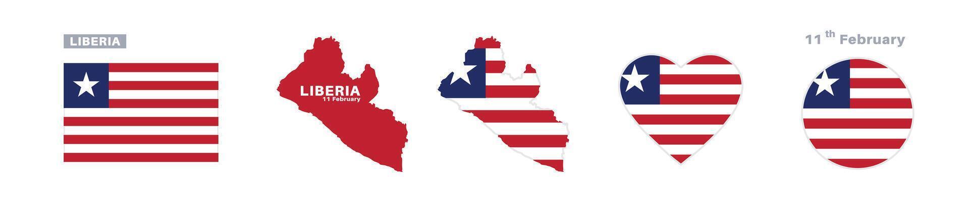 liberia flag and map set. liberia flag in official colors and proportions. independence day 11 february , map, circle and heart shaped liberia vector