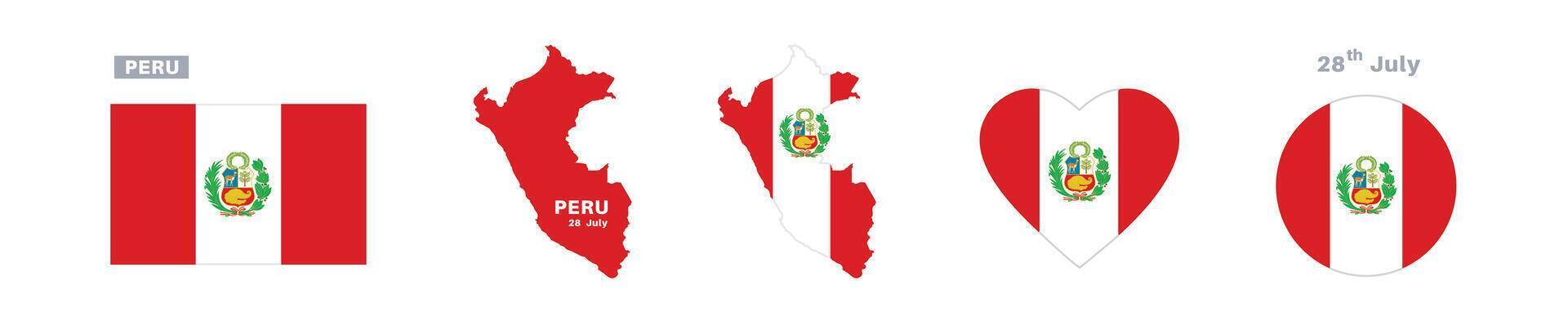 peru flag and map set. peru flag in official colors and proportions. independence day 28 july, map, circle and heart shaped peru vector